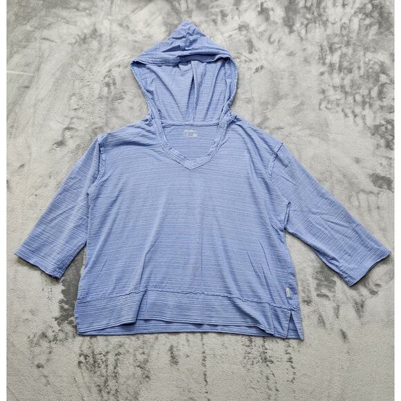 Eddie Bauer Top Womens L Blue Lightweight V-Neck Hoodie Pullover Side Slit Hem - Picture 1 of 11